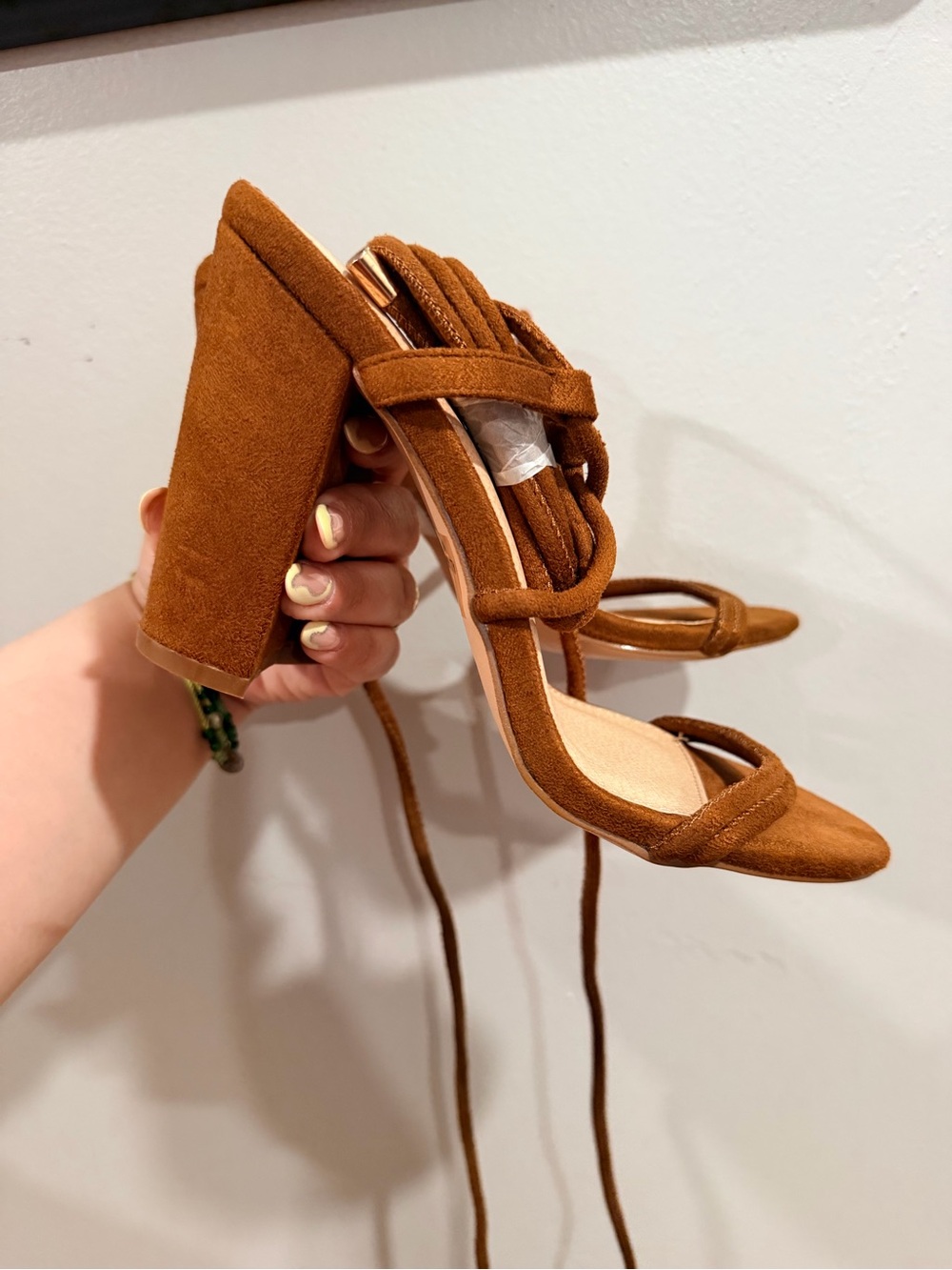 Suede Lace-Up Block Heel Sandals - Brown
